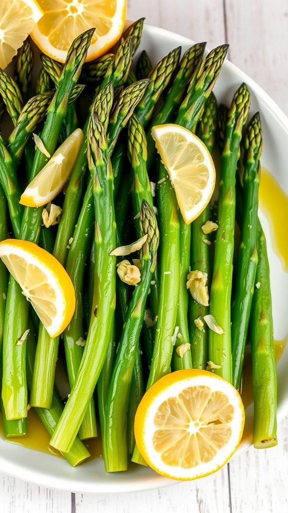 Sautéed asparagus with garlic and lemon on a white plate, garnished with lemon wedges, on a rustic wooden table.